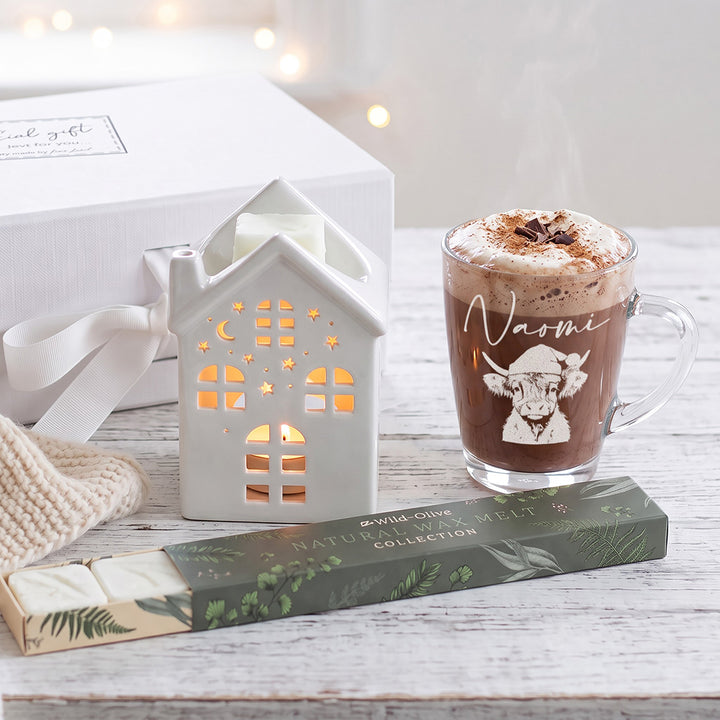 Christmas Highland Cow Glass Mug and Wax Melts Gift Boxed Set