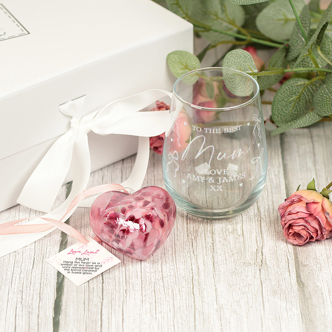 Best Mum Bows and Hearts Stemless Glass