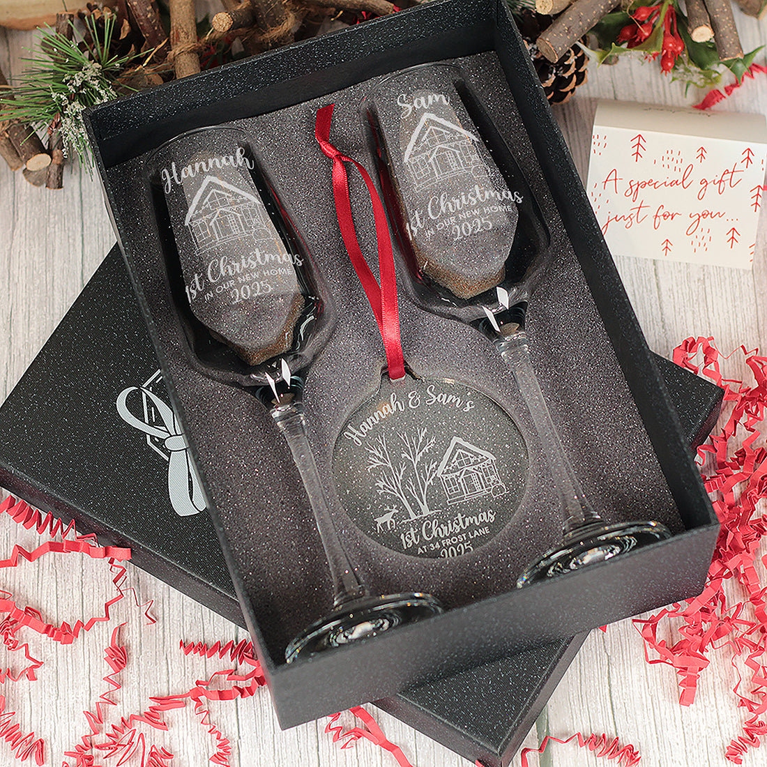 1st Christmas at a New Home Pair of Champagne Flutes and Keepsake Bauble