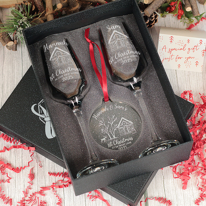 1st Christmas at a New Home Pair of Champagne Flutes and Keepsake Bauble