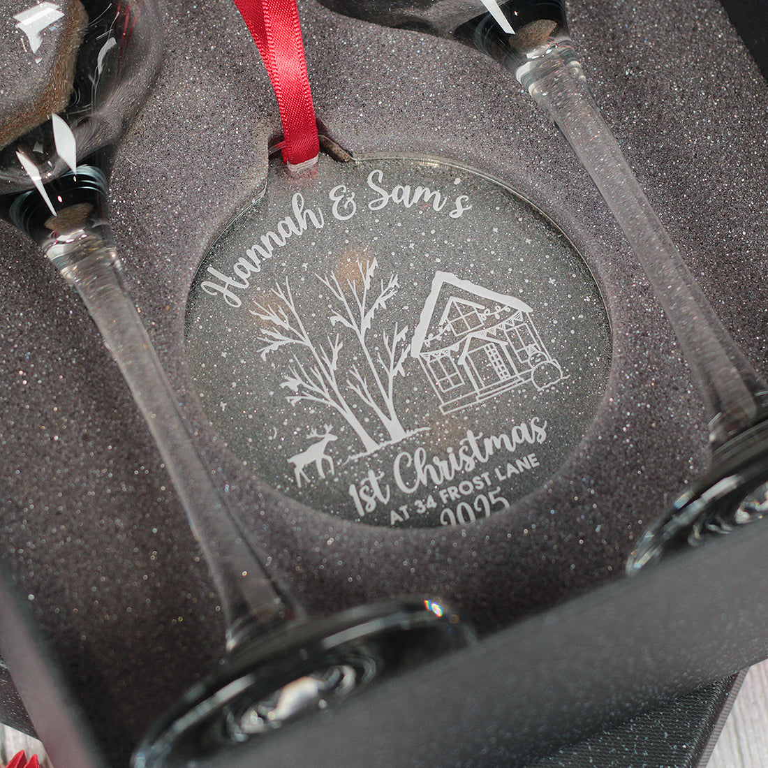 1st Christmas at a New Home Pair of Champagne Flutes and Keepsake Bauble