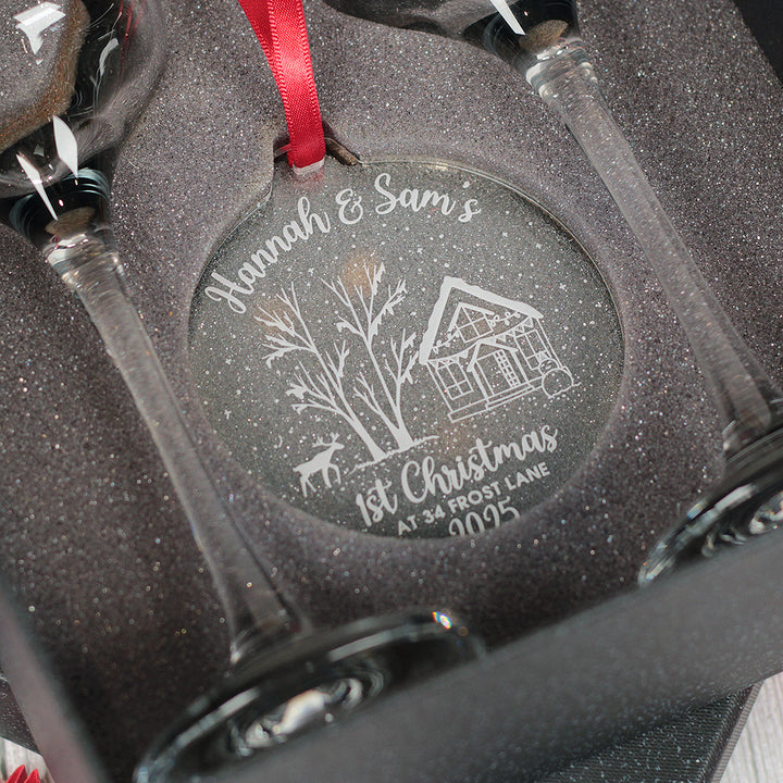 1st Christmas at a New Home Pair of Champagne Flutes and Keepsake Bauble