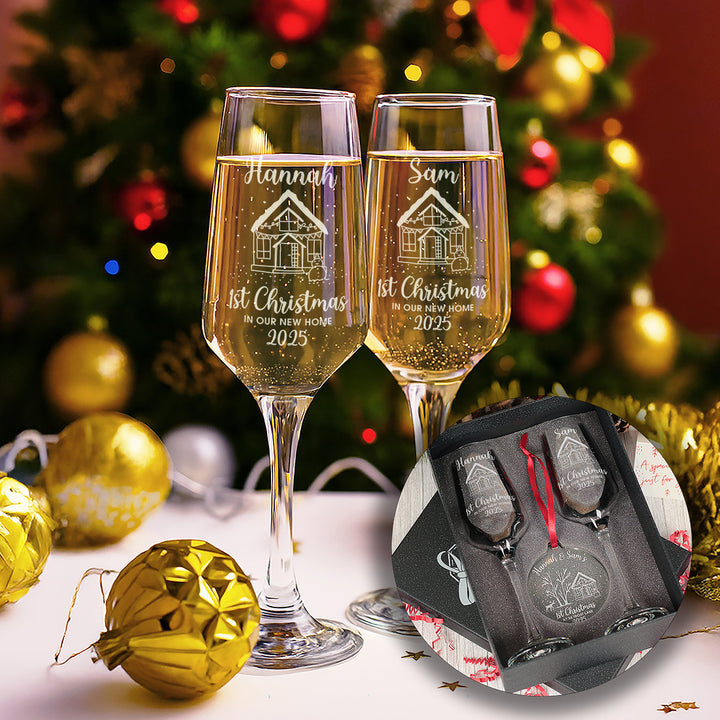 1st Christmas at a New Home Pair of Champagne Flutes and Keepsake Bauble
