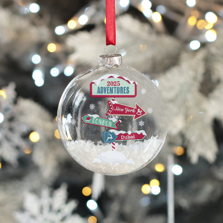 North Pole Signpost Travel Adventures Christmas Snow Filled Glass Bauble