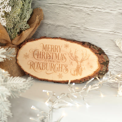 Festive Stag Family Christmas Oval Natural Wood Slice Decoration