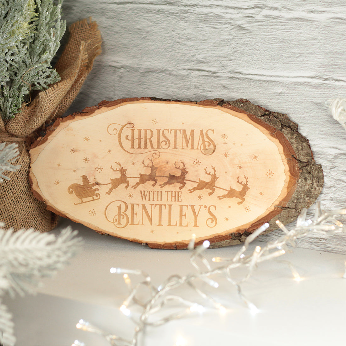 Santa's Reindeer Family Christmas Oval Natural Wood Slice Decoration-Love Lumi Ltd