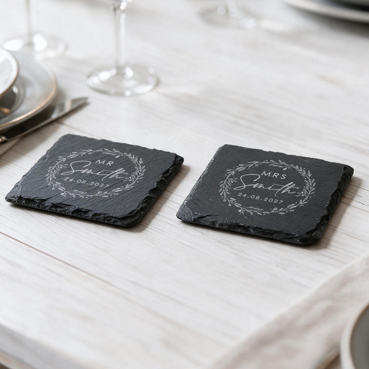Pair of Personalised Floral Frame Mr &amp; Mrs Wedding Slate Coasters