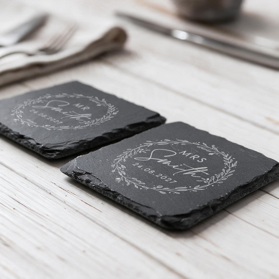 Pair of Personalised Floral Frame Mr &amp; Mrs Wedding Slate Coasters