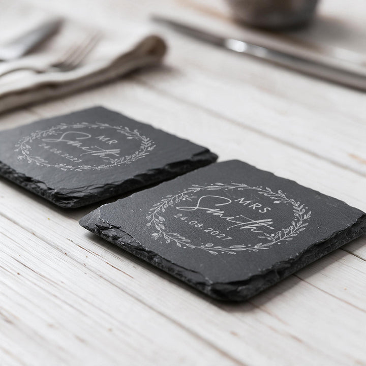 Pair of Personalised Floral Frame Mr &amp; Mrs Wedding Slate Coasters