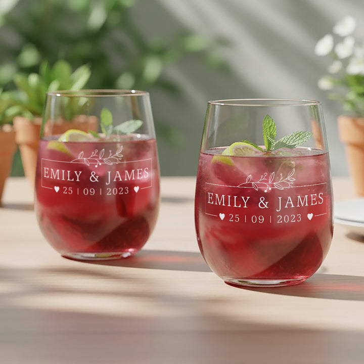 Wedding Botanical Frame Pair of Stemless Glasses