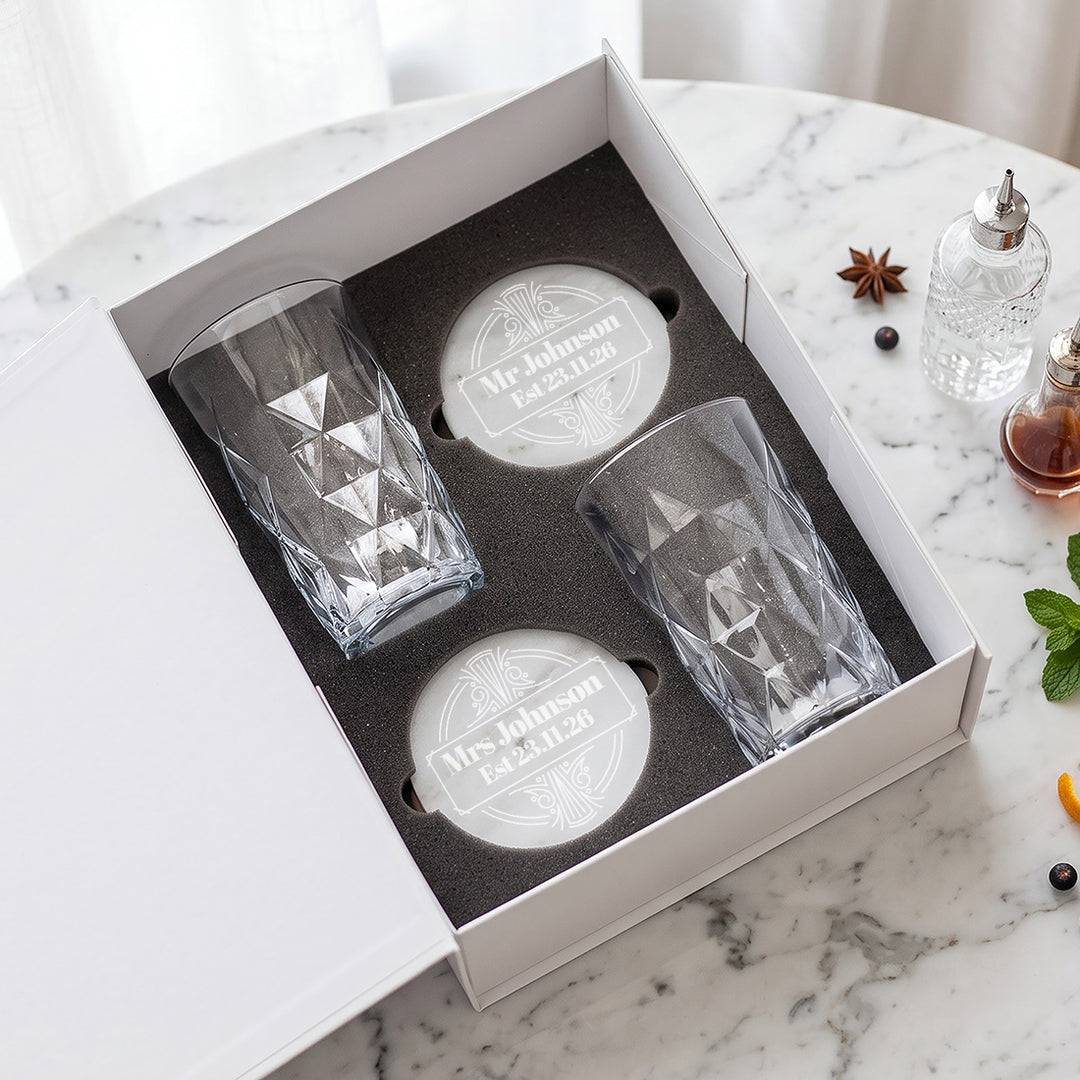 Gift Boxed Pair of Wedding Date Art Deco Highball cocktail mixer glasses