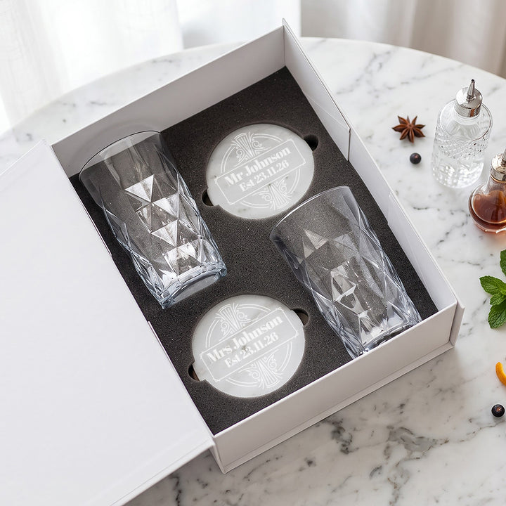Gift Boxed Pair of Wedding Date Art Deco Highball cocktail mixer glasses