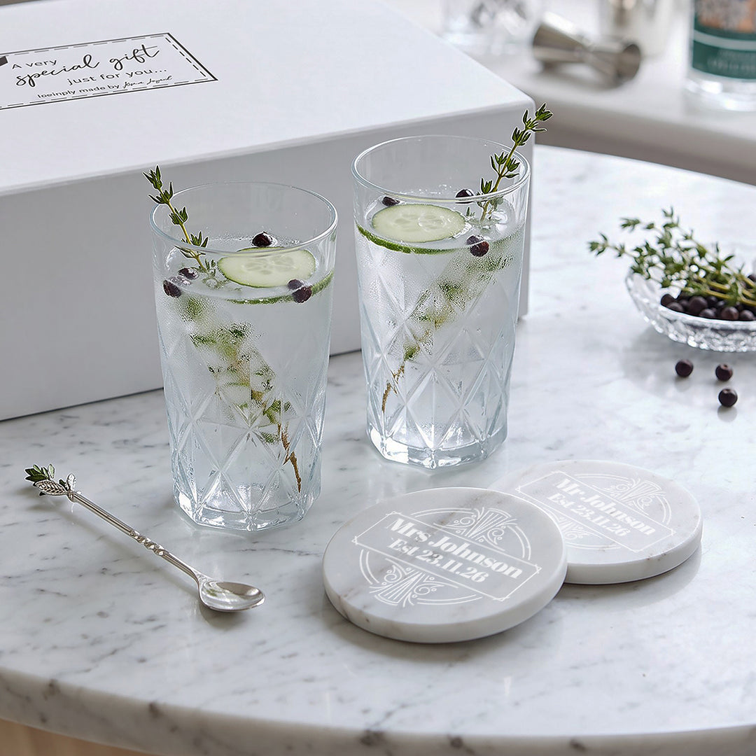 Gift Boxed Pair of Wedding Date Art Deco Highball cocktail mixer glasses