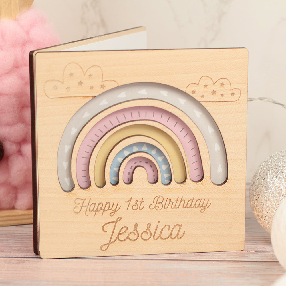 Pastel Rainbow Christening Engraved Wooden Keepsake Greetings Card-Love Lumi Ltd