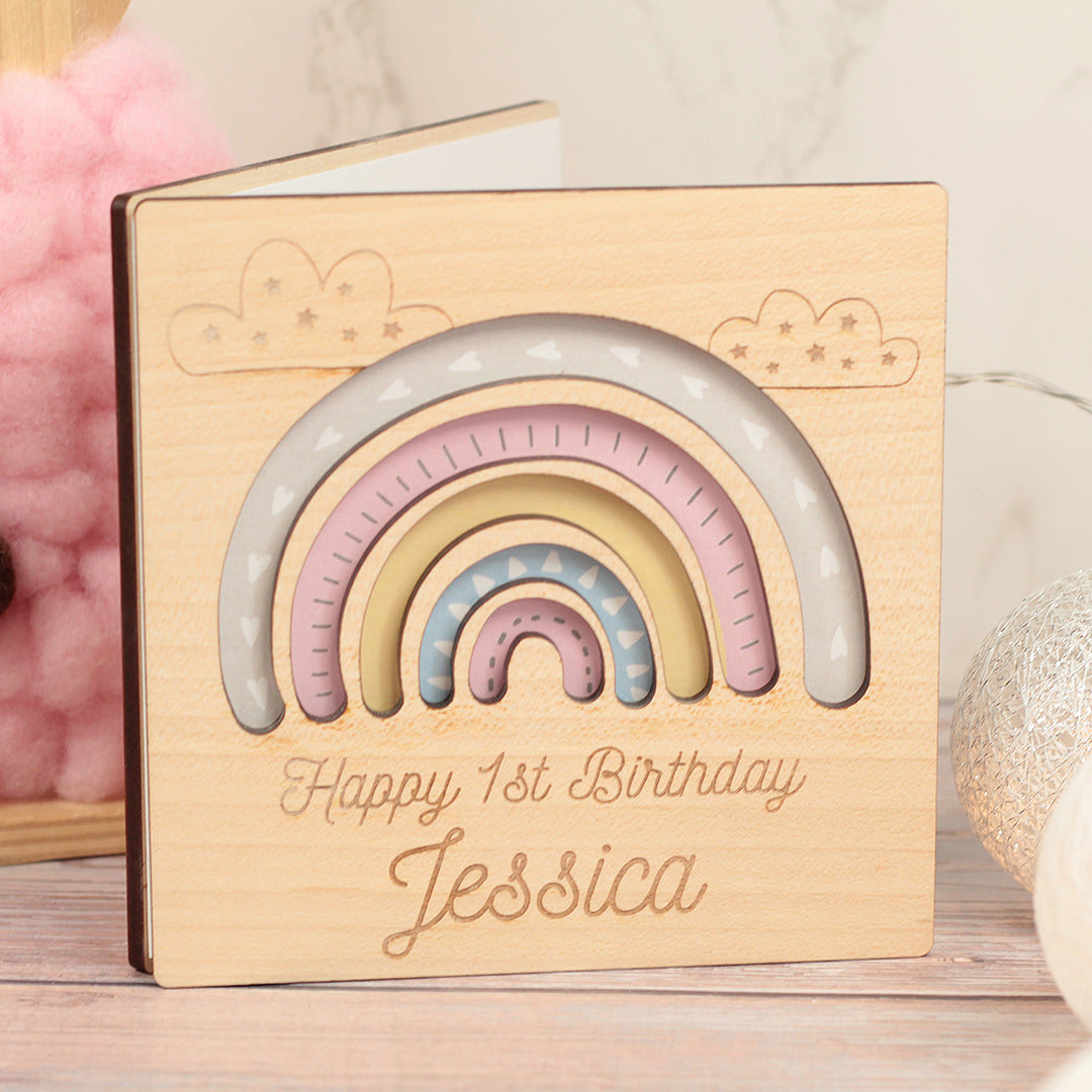 Pastel Rainbow Christening Engraved Wooden Keepsake Greetings Card-Love Lumi Ltd