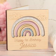 Pastel Rainbow Christening Engraved Wooden Keepsake Greetings Card