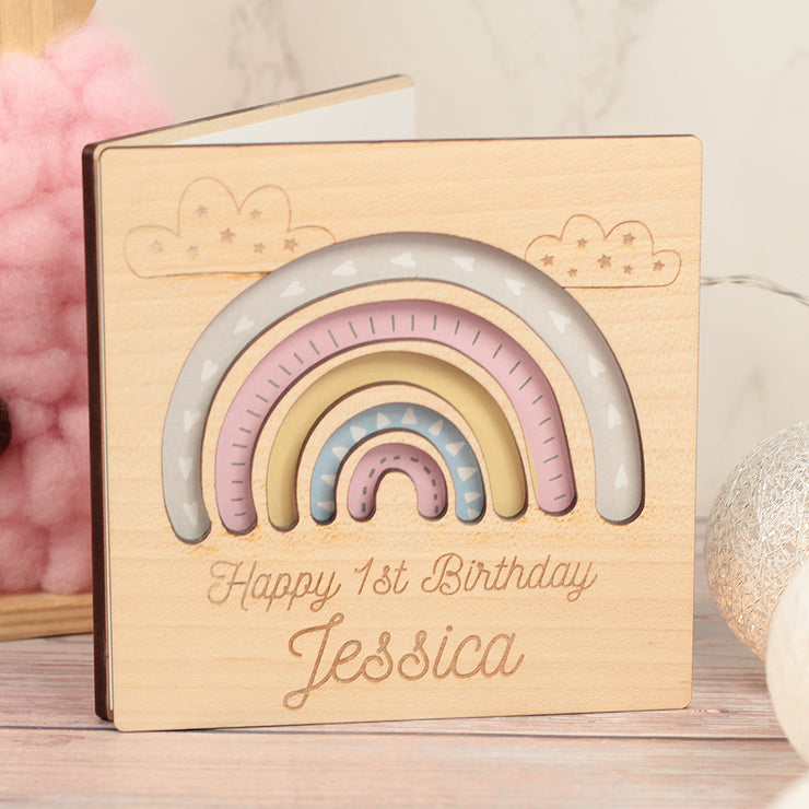 Pastel Rainbow Christening Engraved Wooden Keepsake Greetings Card