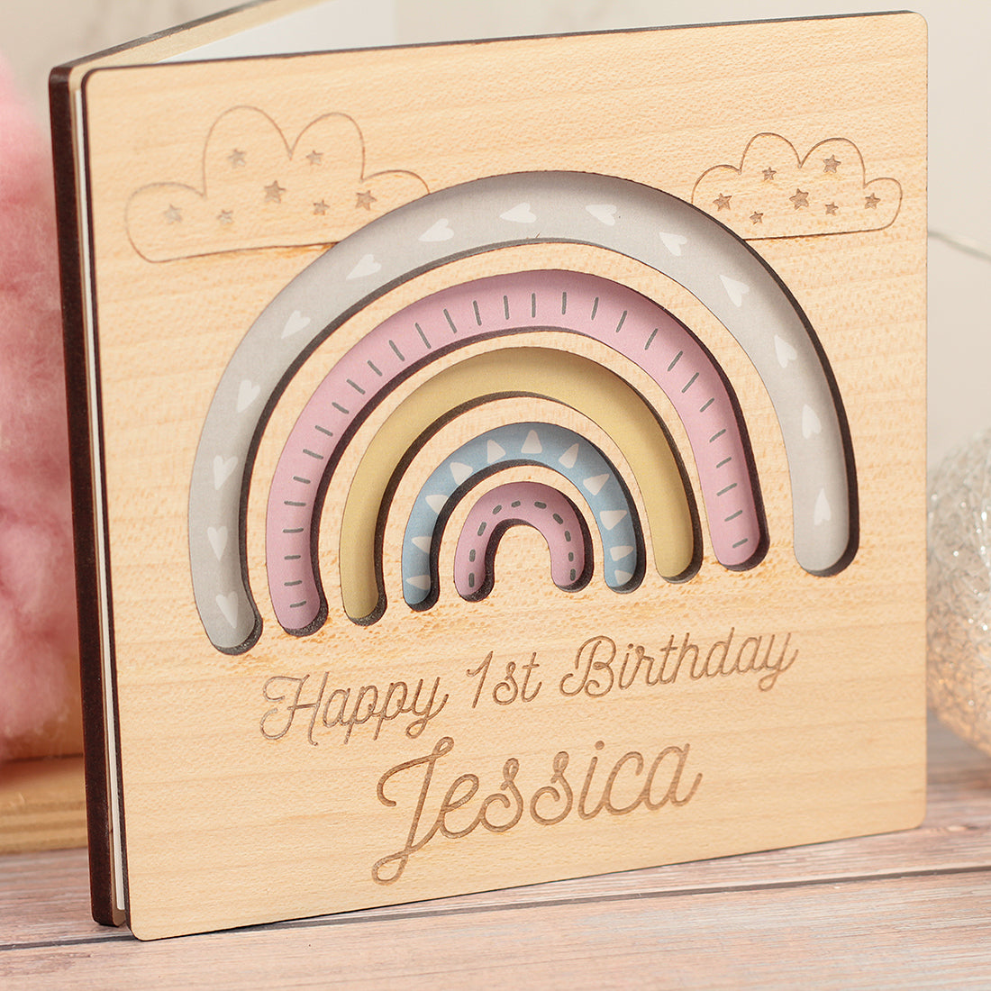 Pastel Rainbow Birthday Engraved Wooden Keepsake Greetings Card-Love Lumi Ltd