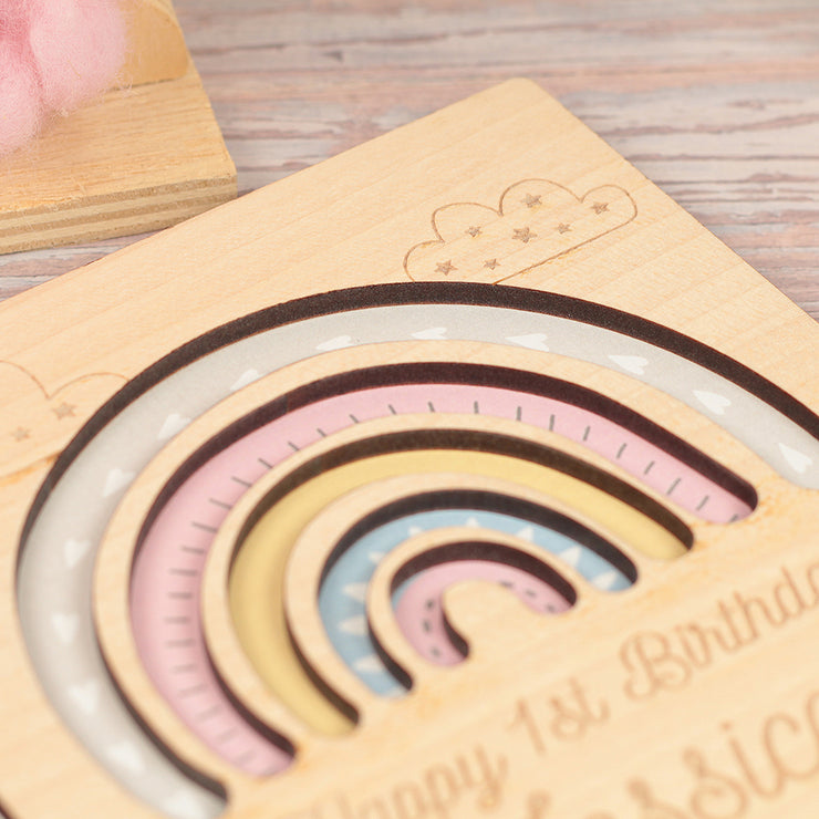 Pastel Rainbow Birthday Engraved Wooden Keepsake Greetings Card