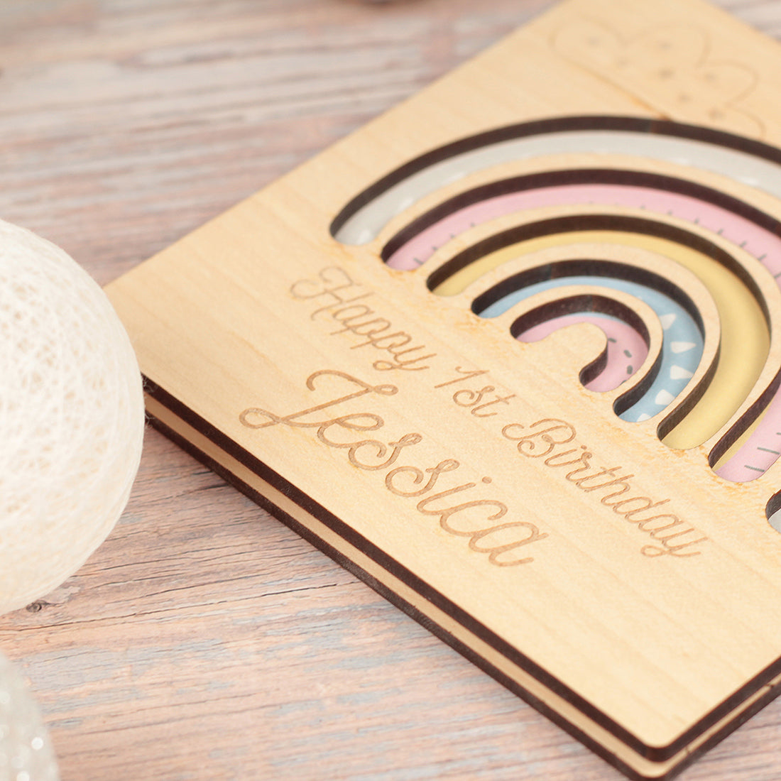 Pastel Rainbow Birthday Engraved Wooden Keepsake Greetings Card-Love Lumi Ltd