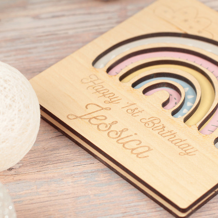 Pastel Rainbow Birthday Engraved Wooden Keepsake Greetings Card