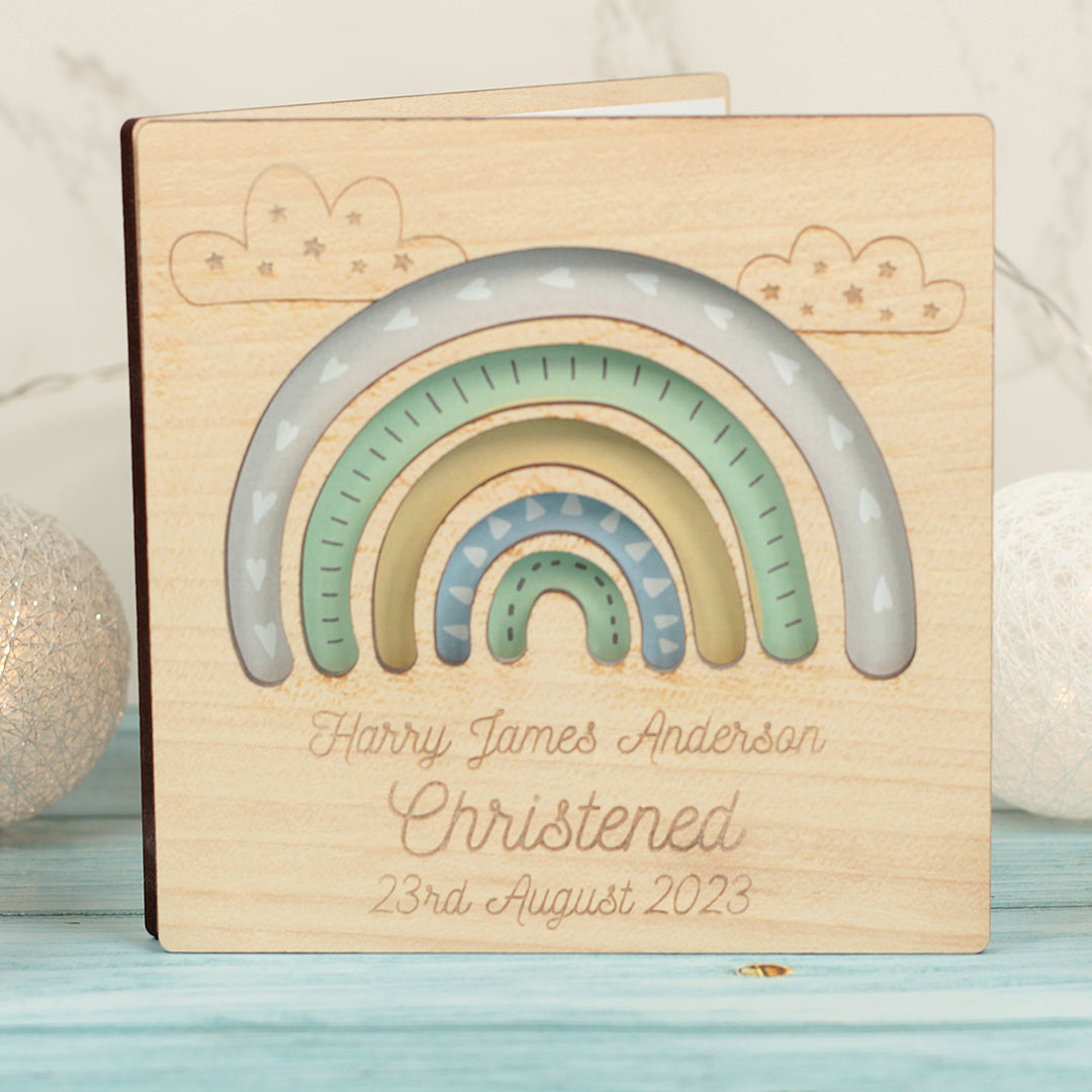Pastel Rainbow Christening Engraved Wooden Keepsake Greetings Card-Love Lumi Ltd
