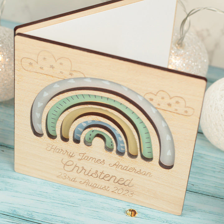 Pastel Rainbow Christening Engraved Wooden Keepsake Greetings Card-Love Lumi Ltd