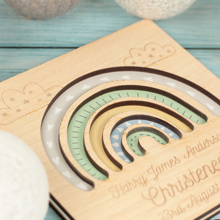 Pastel Rainbow Christening Engraved Wooden Keepsake Greetings Card-Love Lumi Ltd