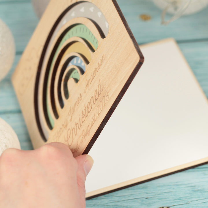 Pastel Rainbow Christening Engraved Wooden Keepsake Greetings Card-Love Lumi Ltd
