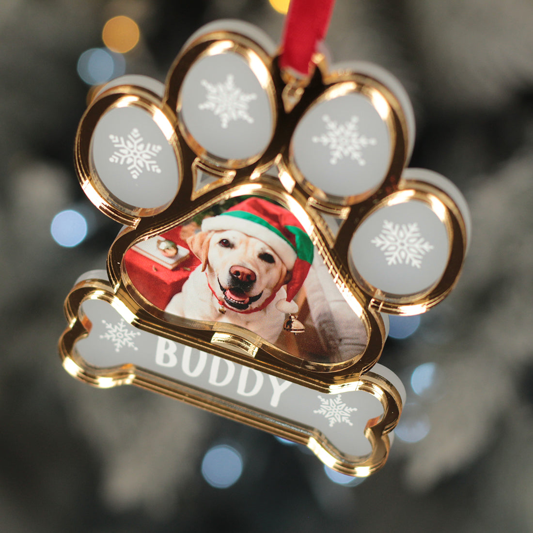 Pet Paw Print Photo 3D Frost and Mirror Acrylic Christmas Tree Decoration-Love Lumi Ltd