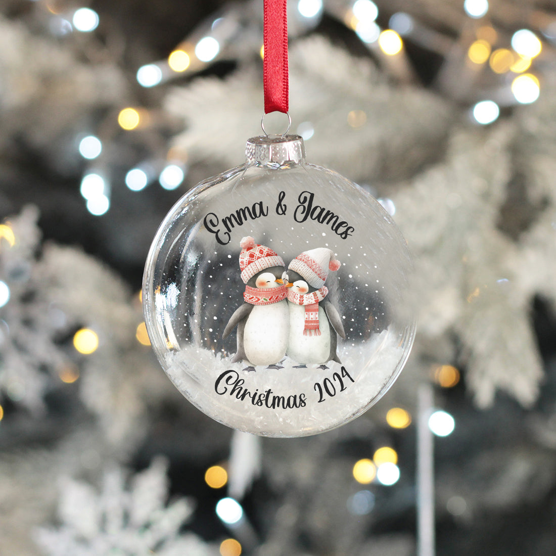 Penguin Couple Christmas Snow Filled Glass Bauble-Love Lumi Ltd