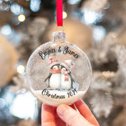 Penguin Couple Christmas Glitter Glass Bauble