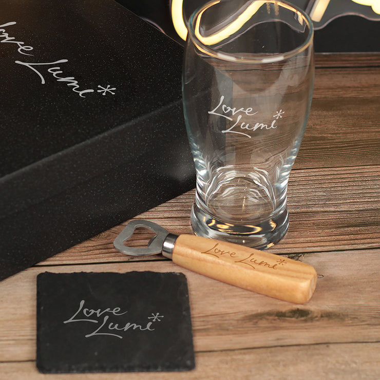 Boxed Pint Glass, Bottle Opener and Slate Coaster