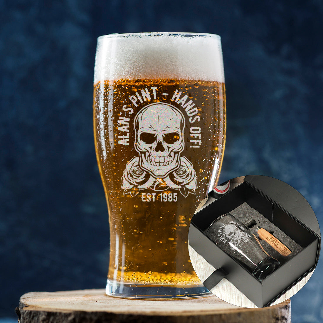 Personalised Skull and Roses Pint Glass-Love Lumi Ltd