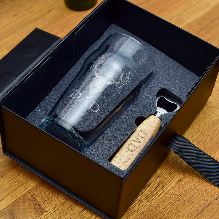 Luxury Gift Boxed Stag Beer Pint Glass And Bottle Opener Set