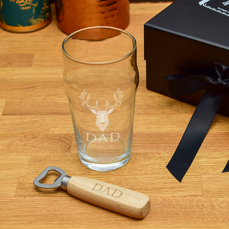 Luxury Gift Boxed Stag Beer Pint Glass And Bottle Opener Set
