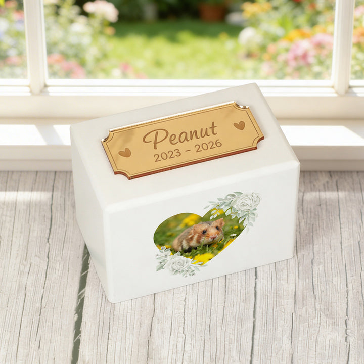White Wooden Floral Heart Photo Pet Ashes Casket