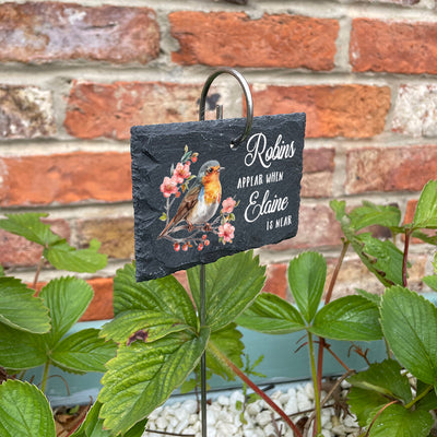 Memorial Robins Appear Printed Garden Rectangle Slate Tag Wire Holder