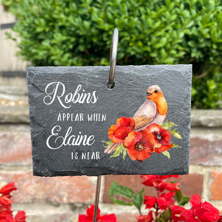 Memorial Robins Appear Printed Garden Rectangle Slate Tag Wire Holder