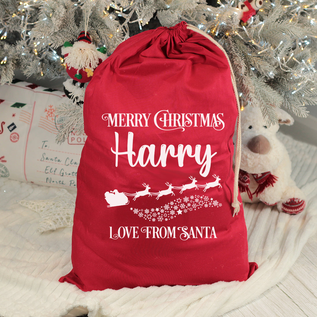 Personalised Santa's Sleigh Large Red Christmas Gift Sack-Love Lumi Ltd