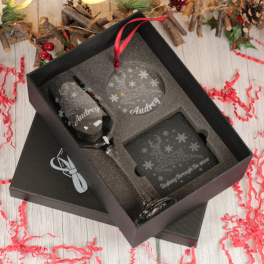 Christmas Reindeer Champagne Flute with Coaster and Decoration Gift Set