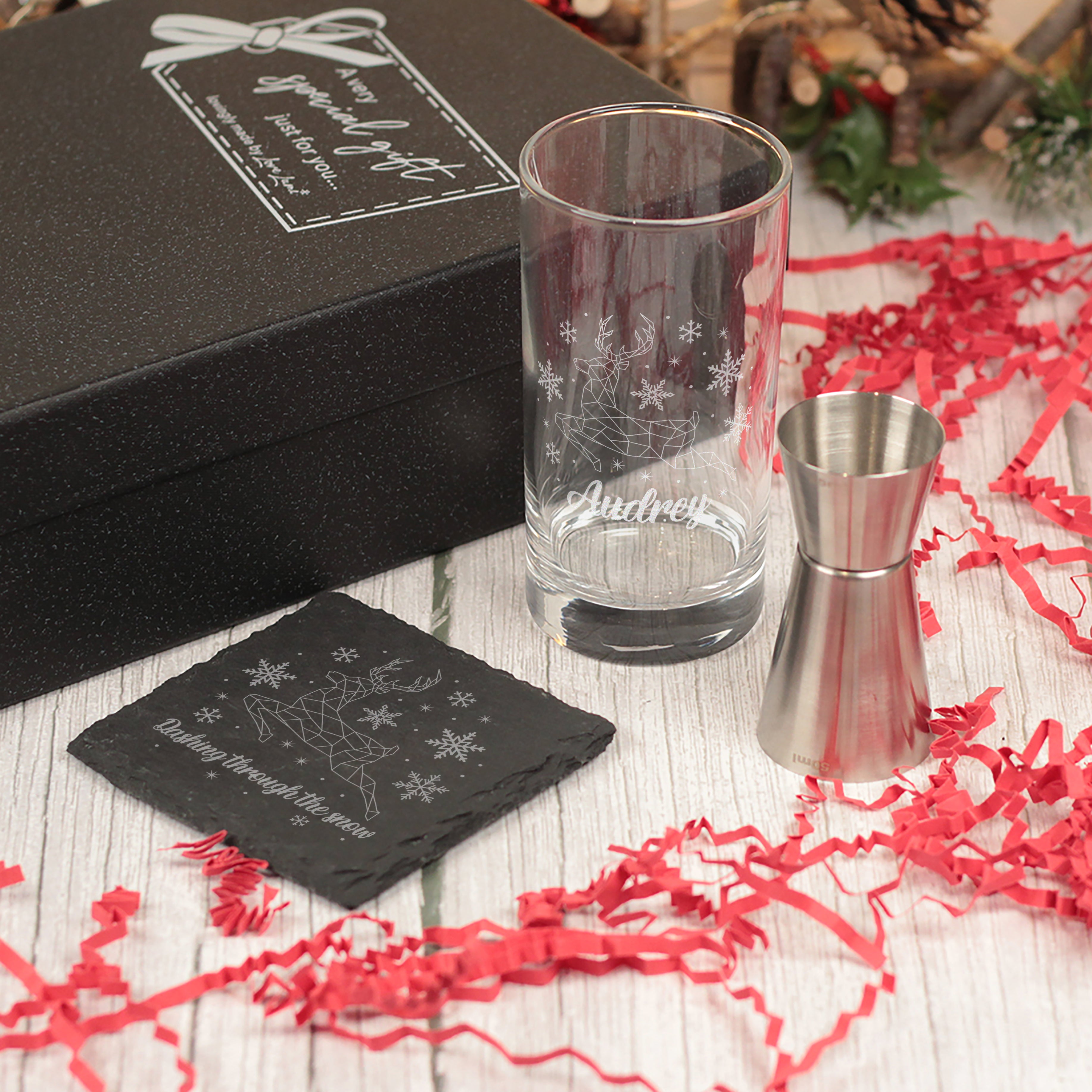 Christmas Reindeer Highball Glass and Coaster Gift Boxed Set