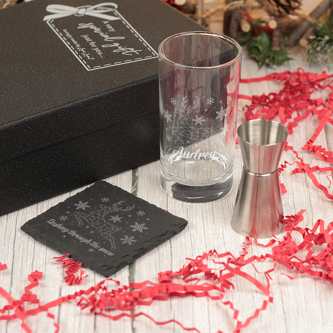 Christmas Reindeer Highball Glass and Coaster Gift Boxed Set
