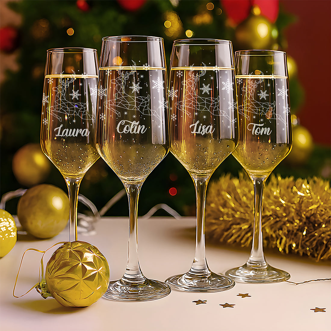 Christmas Reindeer Champagne Flutes and glass topped bottle stopper gift set