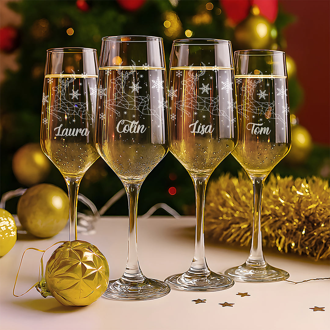 Christmas Reindeer Champagne Flutes and glass topped bottle stopper gift set