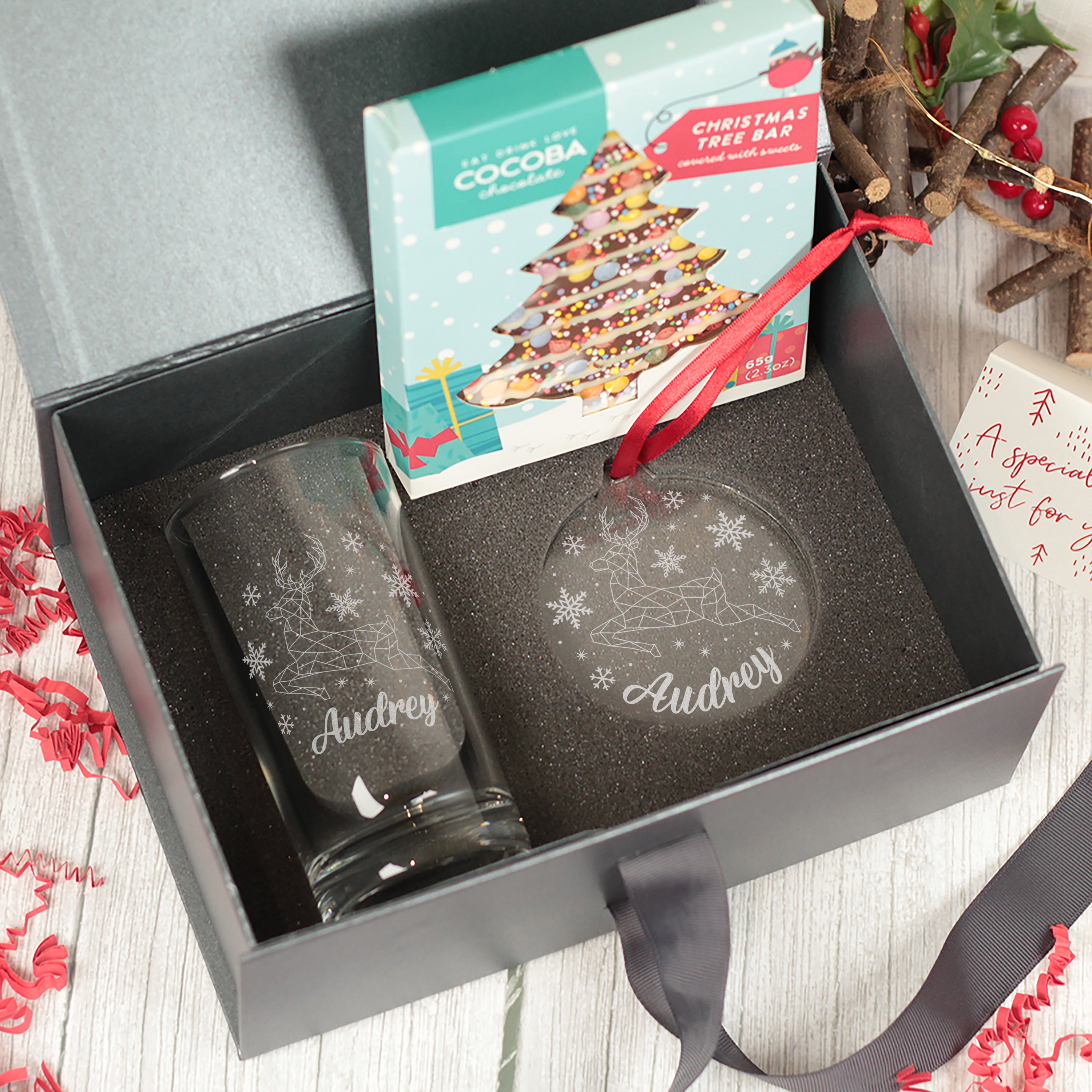 Christmas Reindeer Highball Glass and Decoration Gift Boxed Set