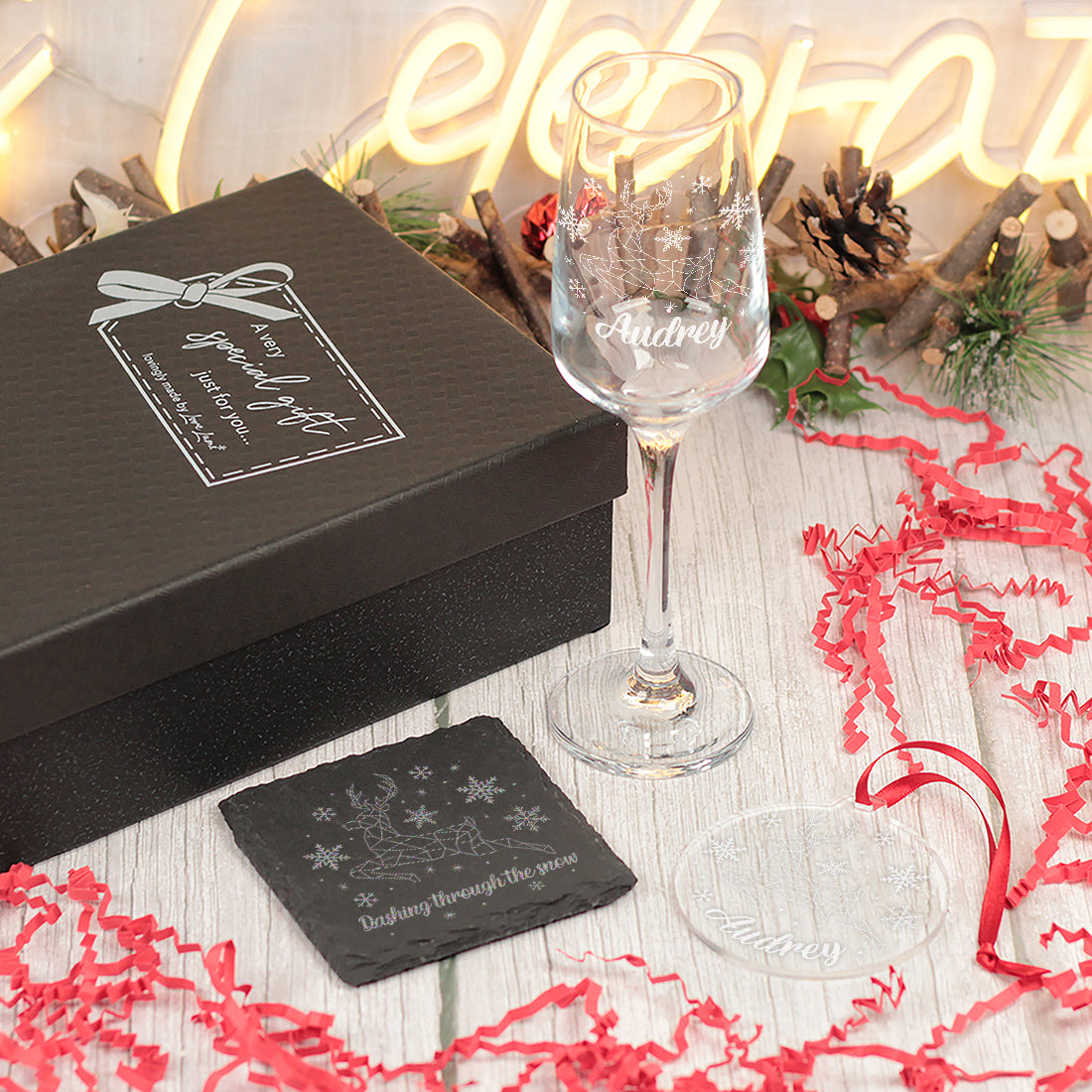 Christmas Reindeer Champagne Flute with Coaster and Decoration Gift Set