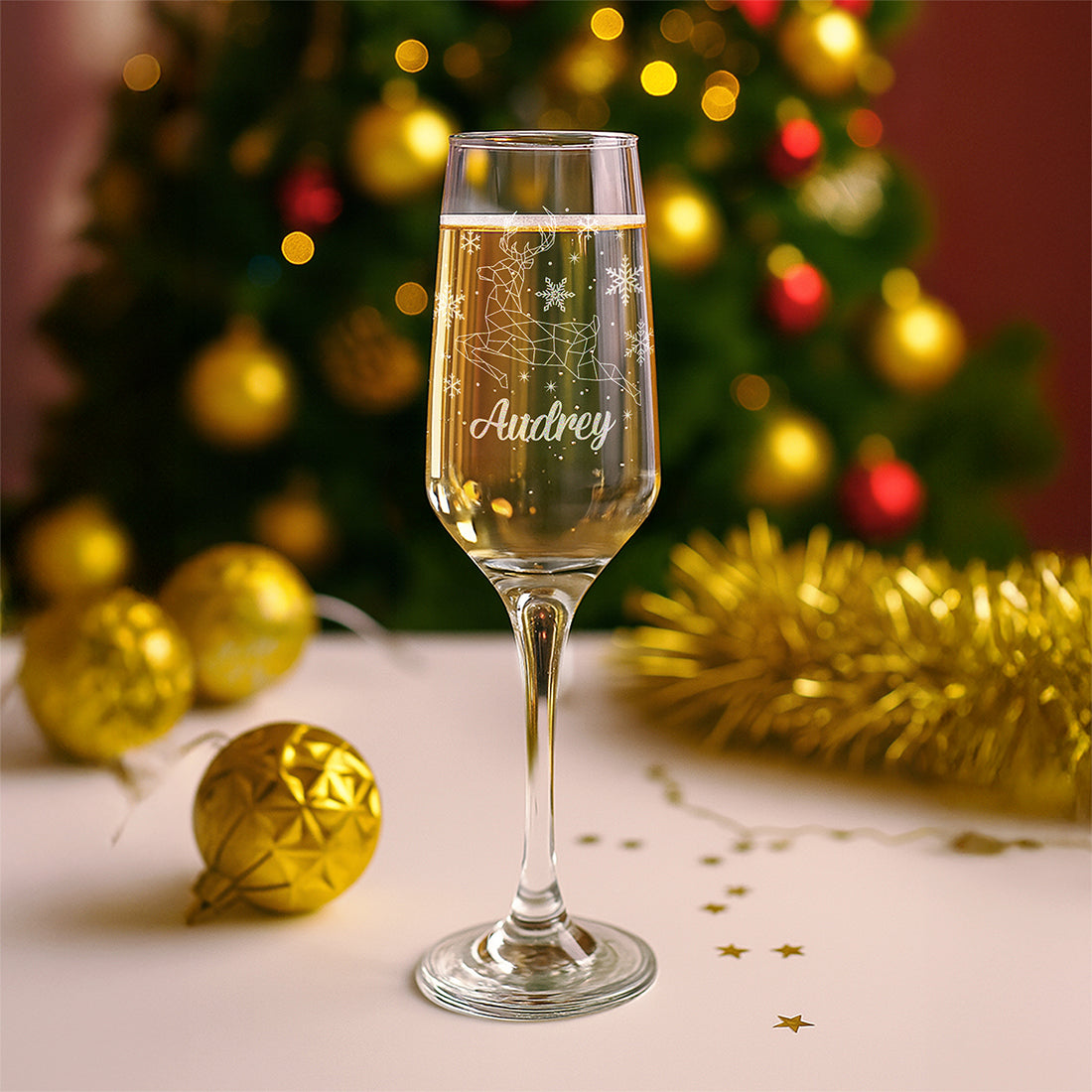 Christmas Reindeer Champagne Flute with Coaster and Decoration Gift Set