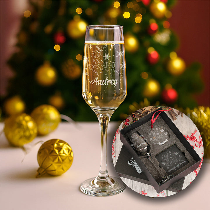 Christmas Reindeer Champagne Flute with Coaster and Decoration Gift Set