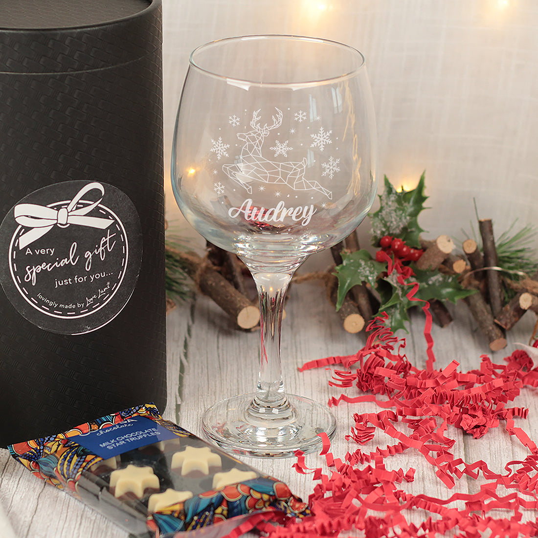 Christmas Reindeer Gin Glass and Chocolate Truffles Gift Boxed Set